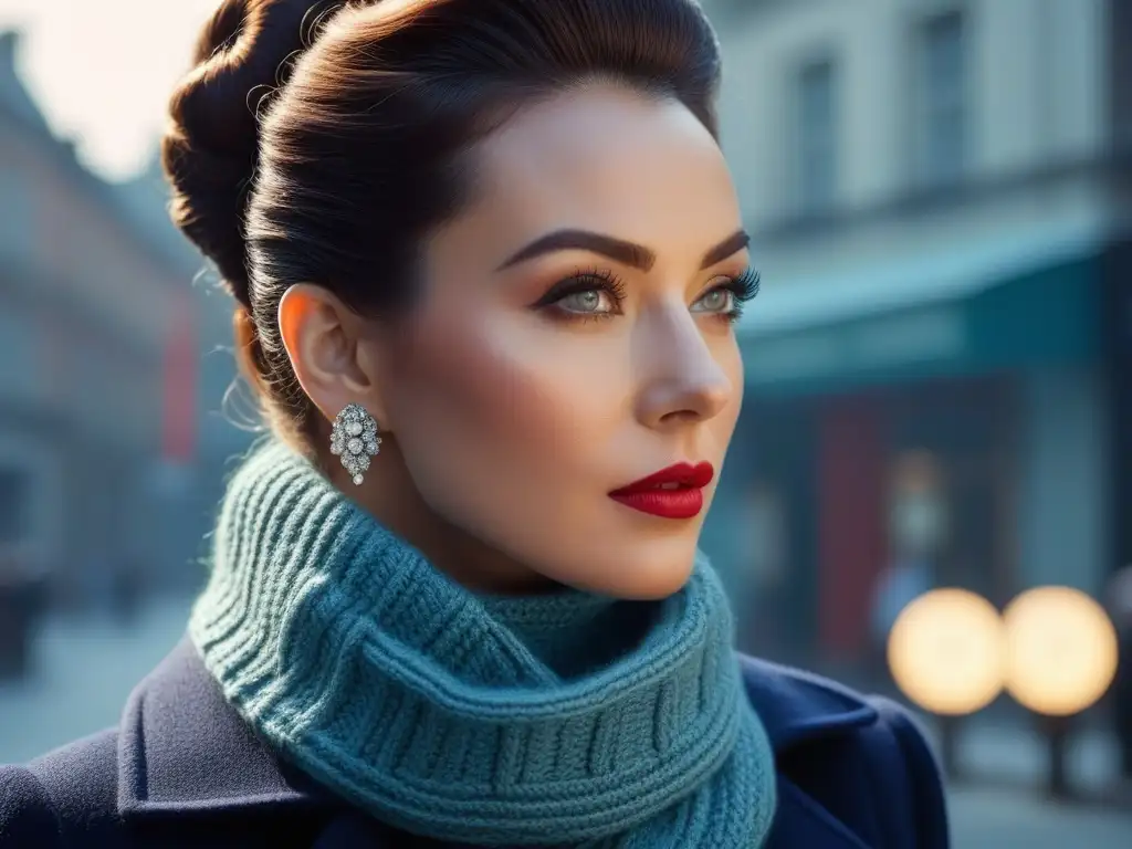 Retrato detallado de una mujer elegante con bufanda de punto estilo retro en ambiente invernal acogedor