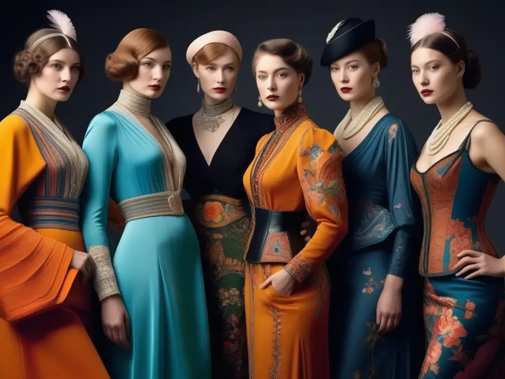 Revolución de la moda: Mujeres elegantes en el París de 1910 Un retrato detallado de mujeres elegantes de la moda retro del siglo XX, luciendo diseños revolucionarios de Paul Poiret