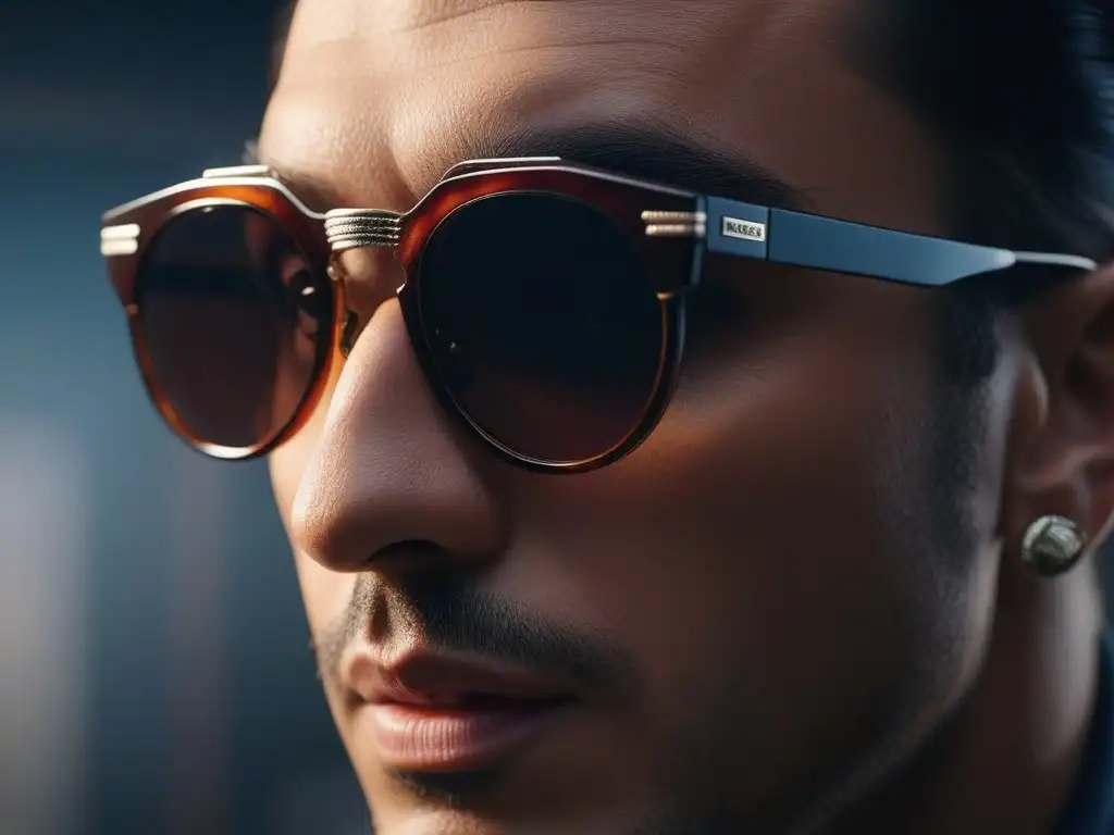 Un retrato detallado de una persona con gafas de sol vintage modernas, resaltando su elegancia y autenticidad
