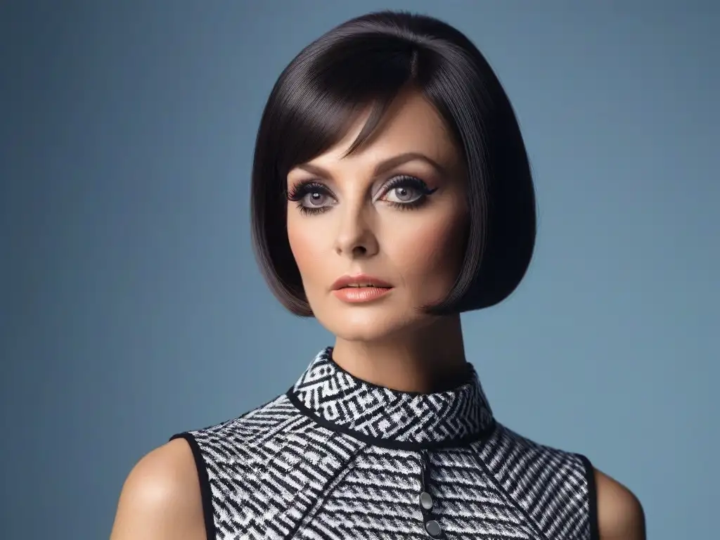 Twiggy, ícono de los 60: moda y juventud en una imagen Retrato en fotorealismo de Twiggy, el icono de los años 60, con su corte pixie y un vestido mini de patrón geométrico