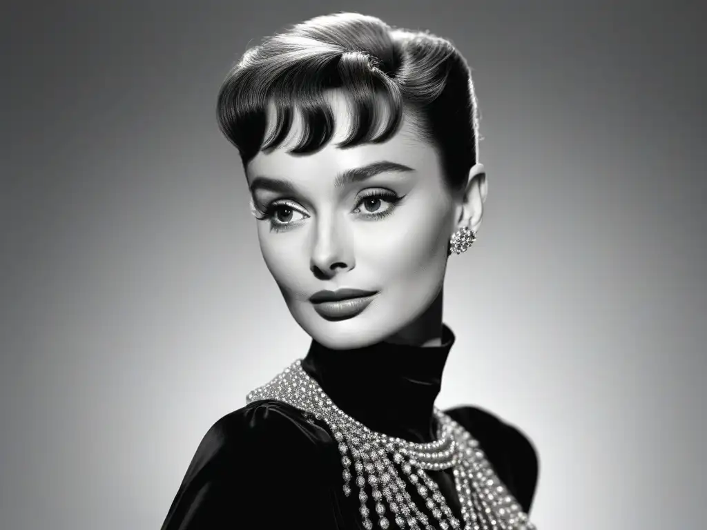 Icono de estilo: Audrey Hepburn en blanco y negro de los años 50 Retrato glamuroso en blanco y negro de Audrey Hepburn, ícono del cine de los 50