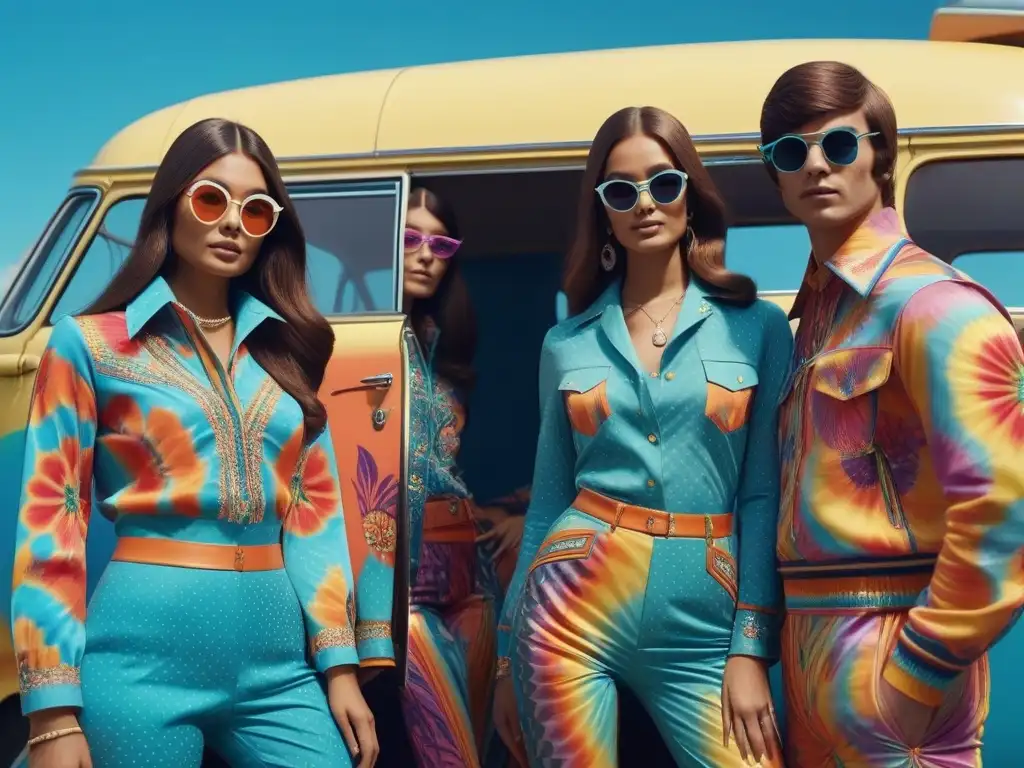 Jóvenes en moda psicodélica de los 60: detallada imagen Un retrato psicodélico de moda de los años 60 influencia, con jóvenes vestidos con patrones vibrantes y accesorios hippies