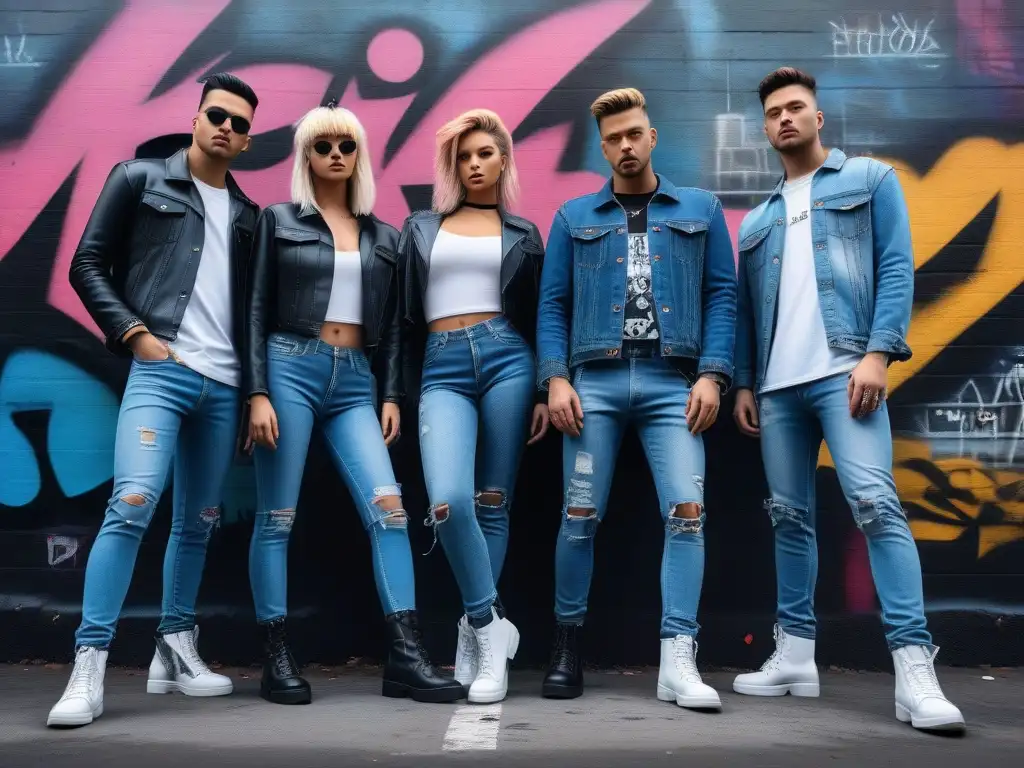 Jóvenes en estilo grunge de los 90 frente a graffiti urbano Un retrato ultradetallado y fotorrealista de jóvenes con moda grunge años 90 completa en un entorno urbano lleno de grafitis