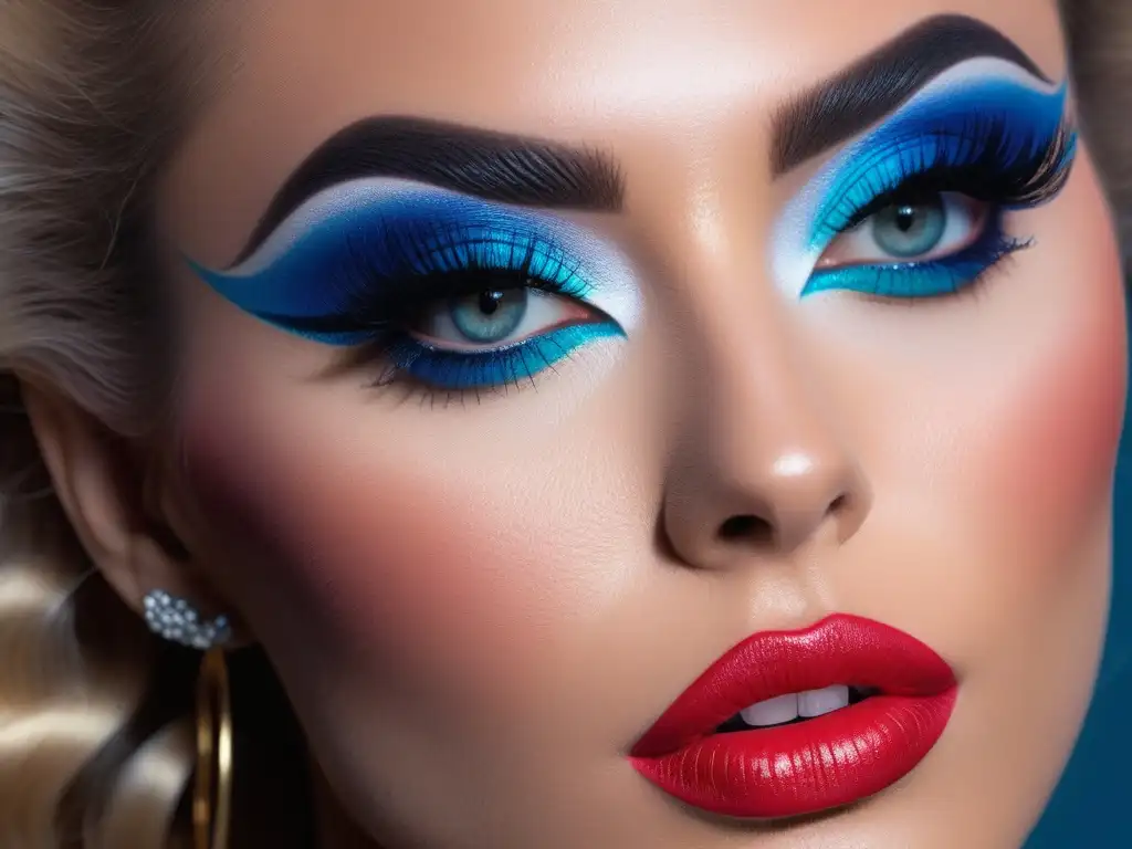 Maquillaje exagerado de los 80: retrato ultradetallado Un retrato ultradetallado de una mujer de los años 80 con maquillaje exagerado