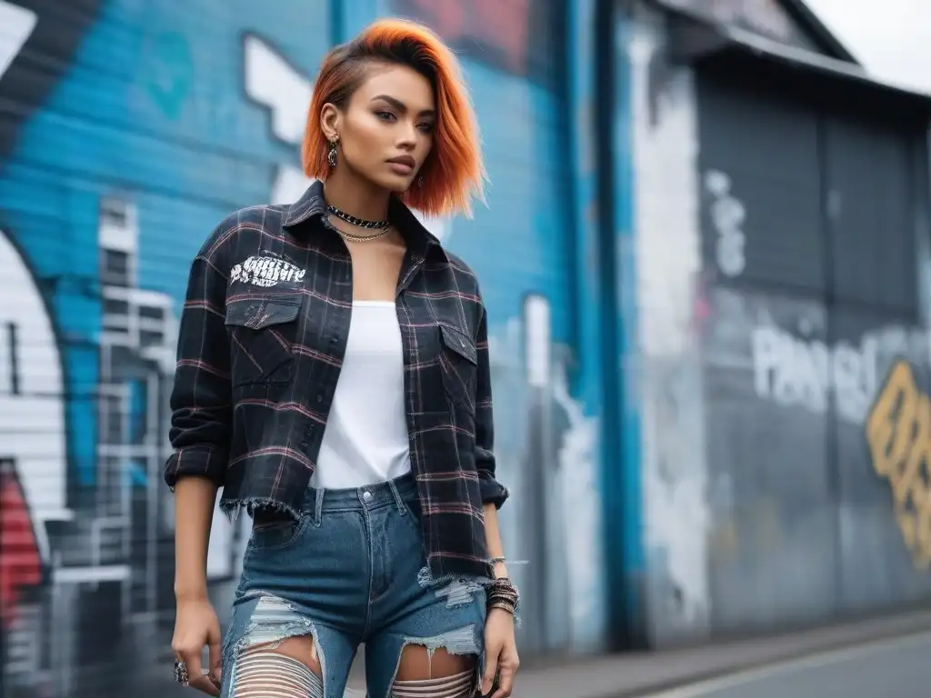 Estilo grunge: capas y actitud en la ciudad Un retrato urbano de estilo grunge capas moda retro con una persona en atuendo grunge y accesorios punk