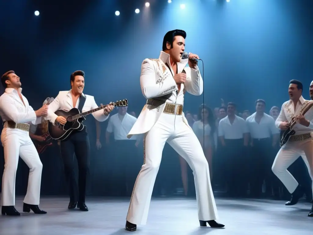 El Rey del Rock en su máximo esplendor: Elvis Presley en concierto El Rey del Rock en escena, con su traje blanco icónico, cautiva a la multitud con su energía eléctrica