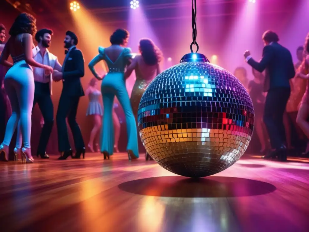 Sábado de fiebre disco: brillante bola de discoteca en pista de baile retro Un sábado noche legendario con vestuarios retro icónicos en la pista de baile bajo la brillante bola disco