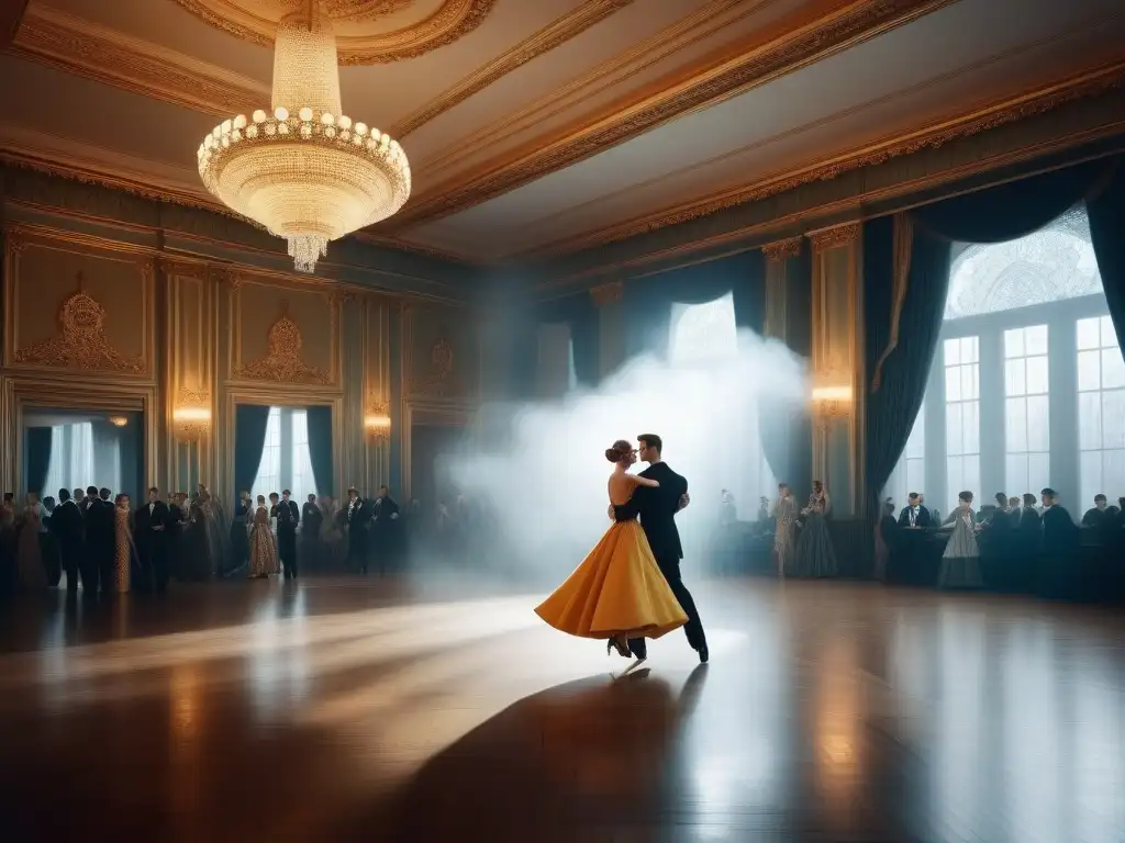 Salón de baile retro: danzas elegantes y glamour atemporal Un salón de baile retro lleno de elegantes bailarines, capturando la esencia de la moda retro en bailes y galas