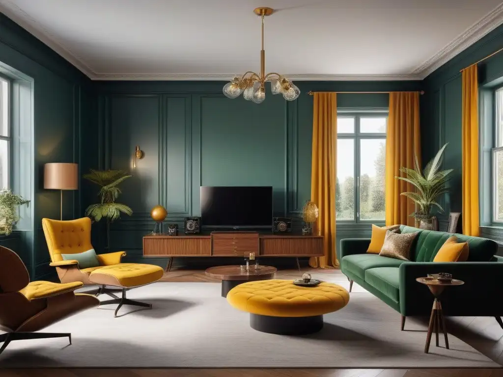 Sala de estar moderna con toques retro: fusión armoniosa de estilos Salón moderno con toques retro, equilibrio moda retro contemporánea en muebles y decoración