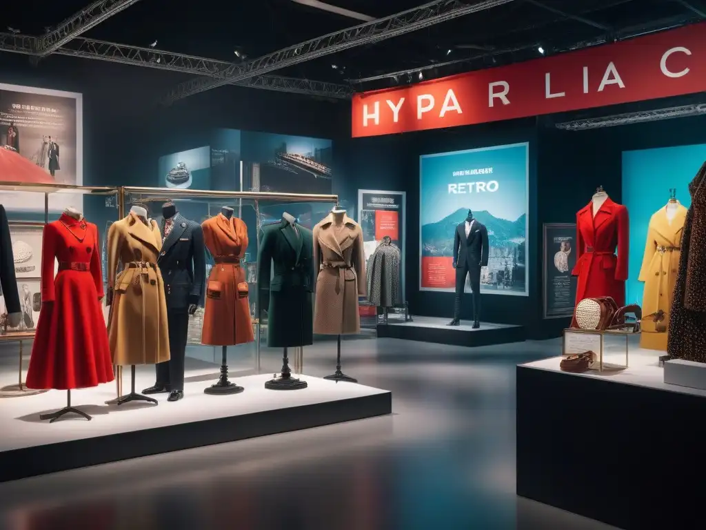 Un salón de exposición de moda retro rebosante de vida y color, con piezas vintage exhibidas y entusiastas admirándolas