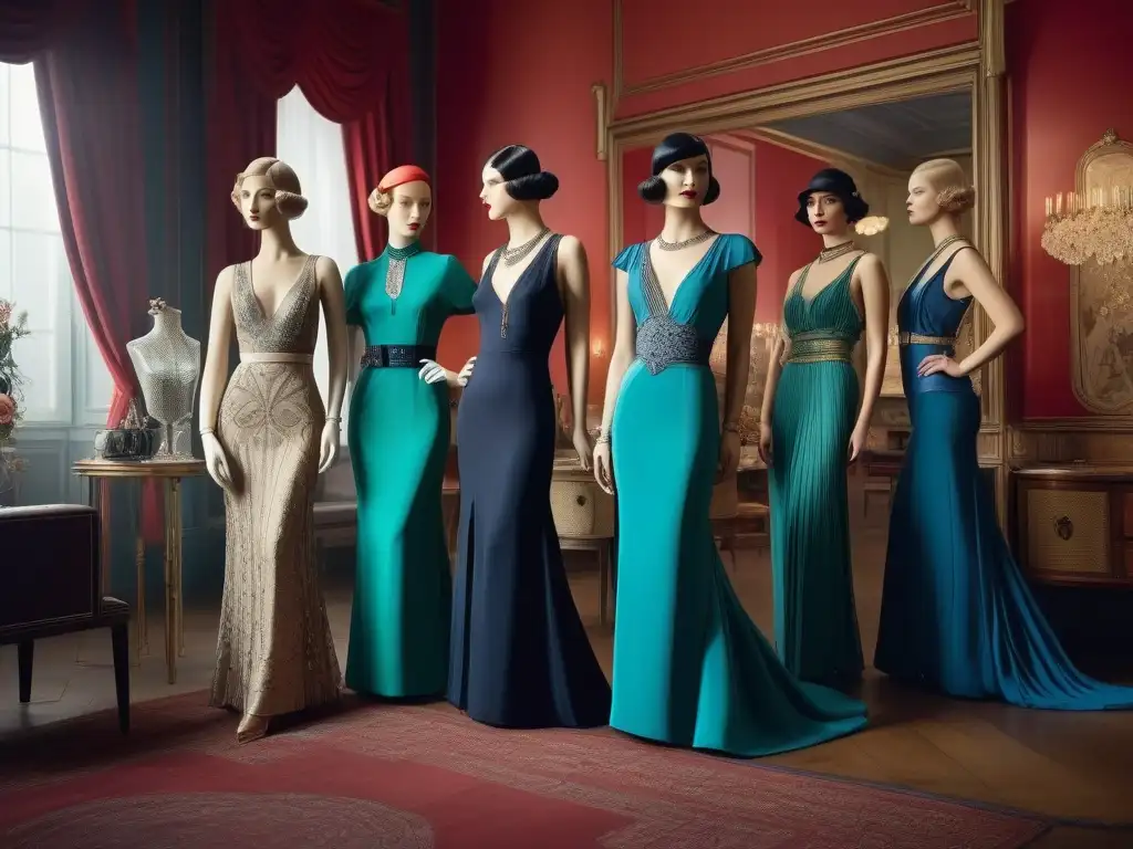 Salón de moda de los años 20 con diseños revolucionarios de Paul Poiret Salón de moda retro del siglo XX con maniquíes elegantes y diseños revolucionarios de Paul Poiret