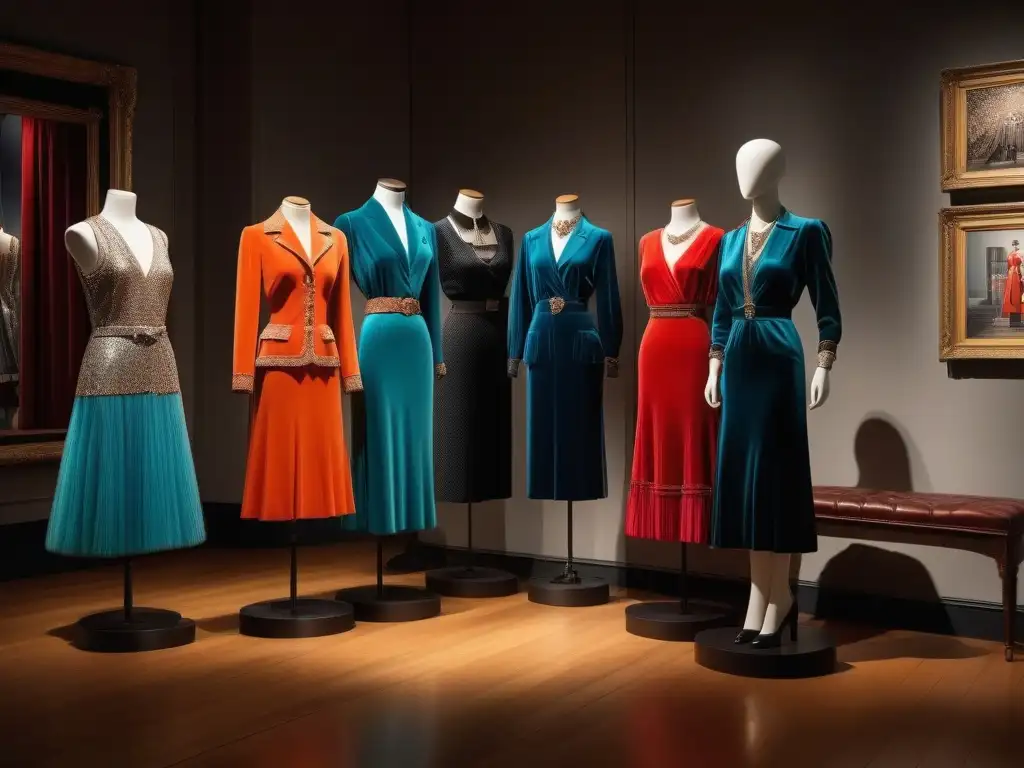 Un salón de exposición de moda retro con maniquíes vestidos con icónicos atuendos vintage de diferentes épocas