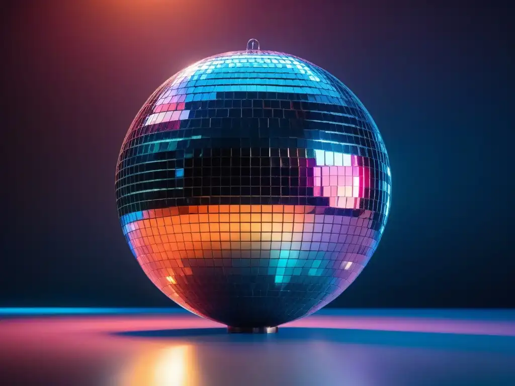Esfera de discoteca: reflejos vibrantes de los años 70 Un salón tenue iluminado reflejando luces coloridas en una bola de discoteca vibrante, evocando la moda retro del siglo XX