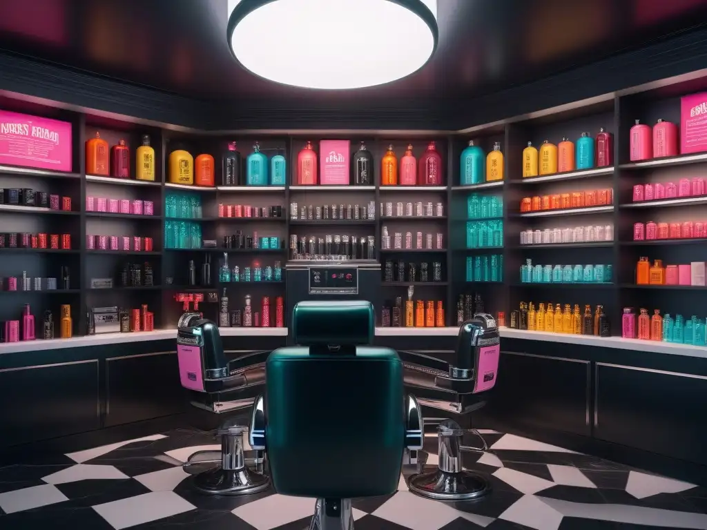 Sala de belleza retro de los 80 con productos icónicos Un salón vibrante de los 80 con productos capilares moda retro en envases neón y herramientas de pelo vintage