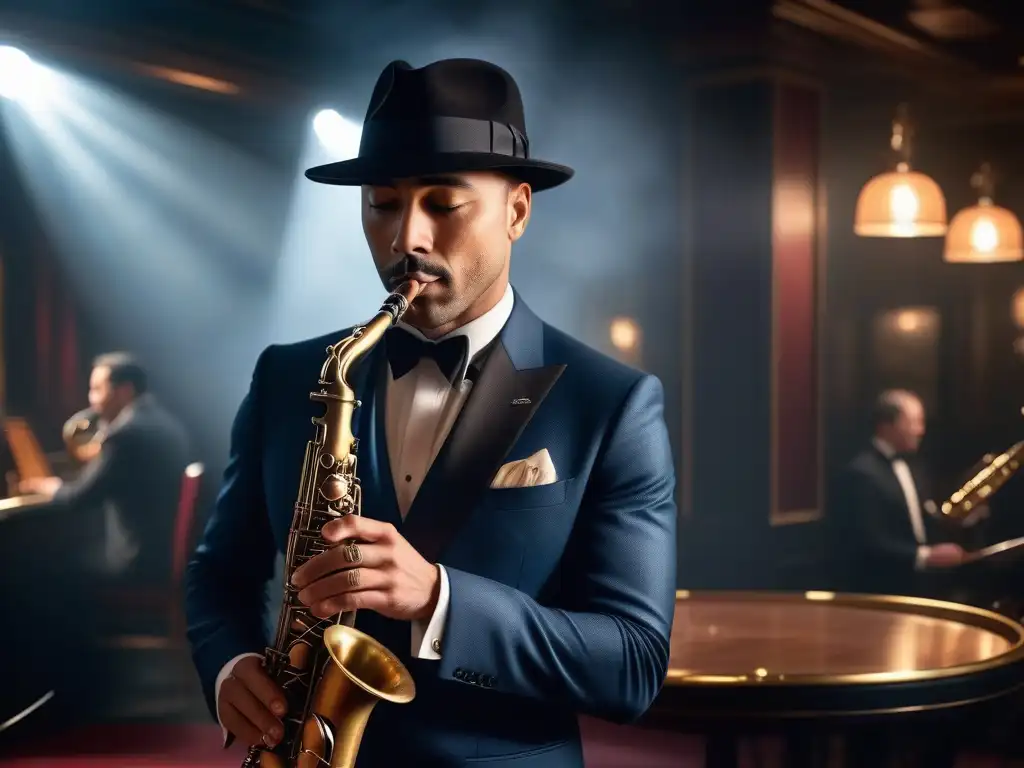 Un saxofonista elegante de los años 20 tocando con destreza en un club de jazz vintage