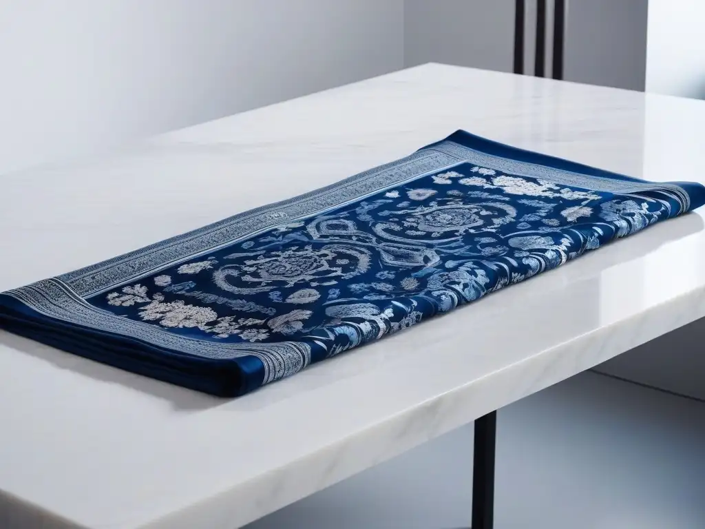 Pañuelo de seda Hermes: elegancia y color en mármol blanco Pañuelo de seda Hermes moderno sobre mesa de mármol blanco, con diseño colorido y patrones intrincados
