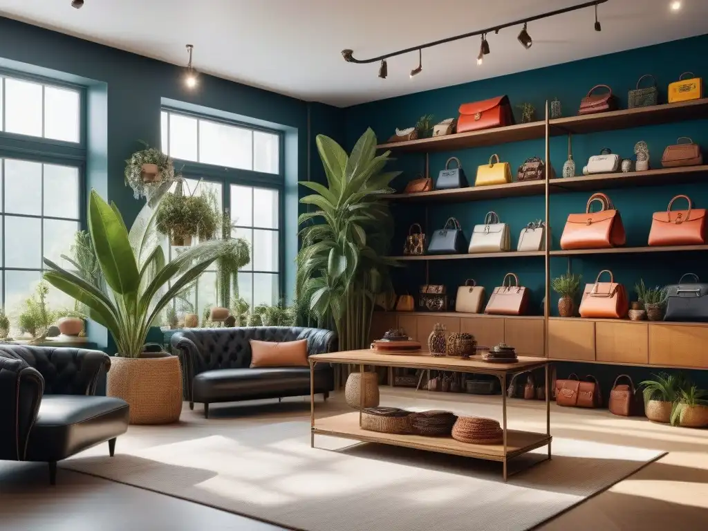 Showroom de moda sostenible con accesorios retro en ambiente chic y eco-friendly