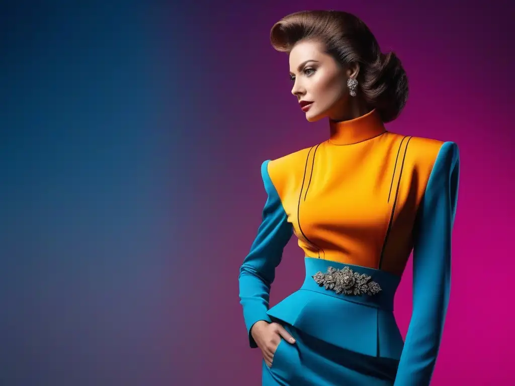 Silueta femenina 80s: poder y color Silueta femenina de los años 80 con hombreras exageradas y colores vibrantes, reflejando la transformación silueta femenina siglo XX