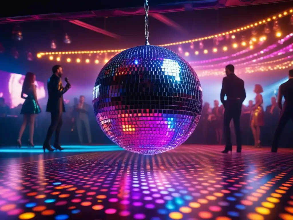 Siluetas en vestuarios retro icónicos groovendo en pista de baile, reflejando luces deslumbrantes en disco retro