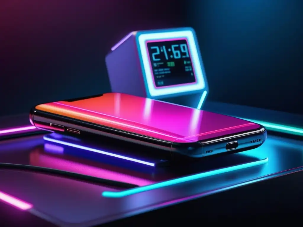 Un smartphone futurista en un ambiente de moda retro de los años 80 tecnología