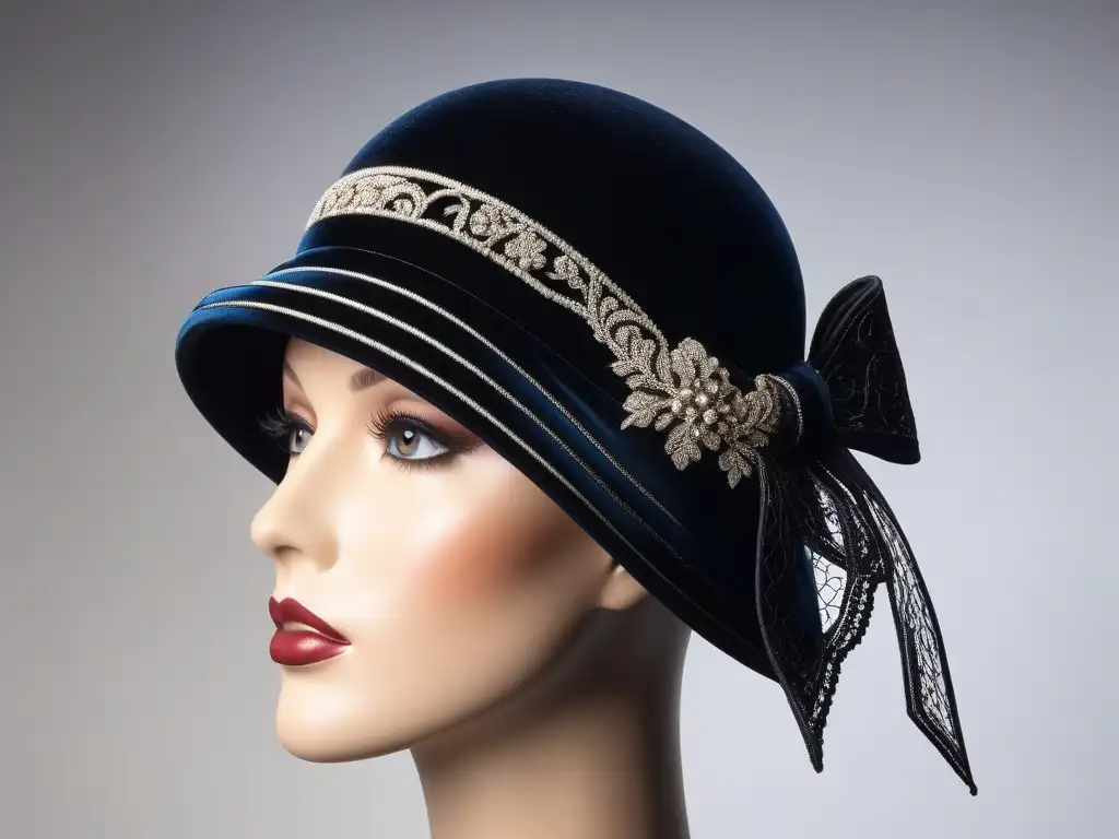 Sombrero cloché negro de terciopelo con detalles de los años 20 Sombrero cloche negro de terciopelo de los años 20, con detalles de encaje y lazo, exhibido en maniquí vintage