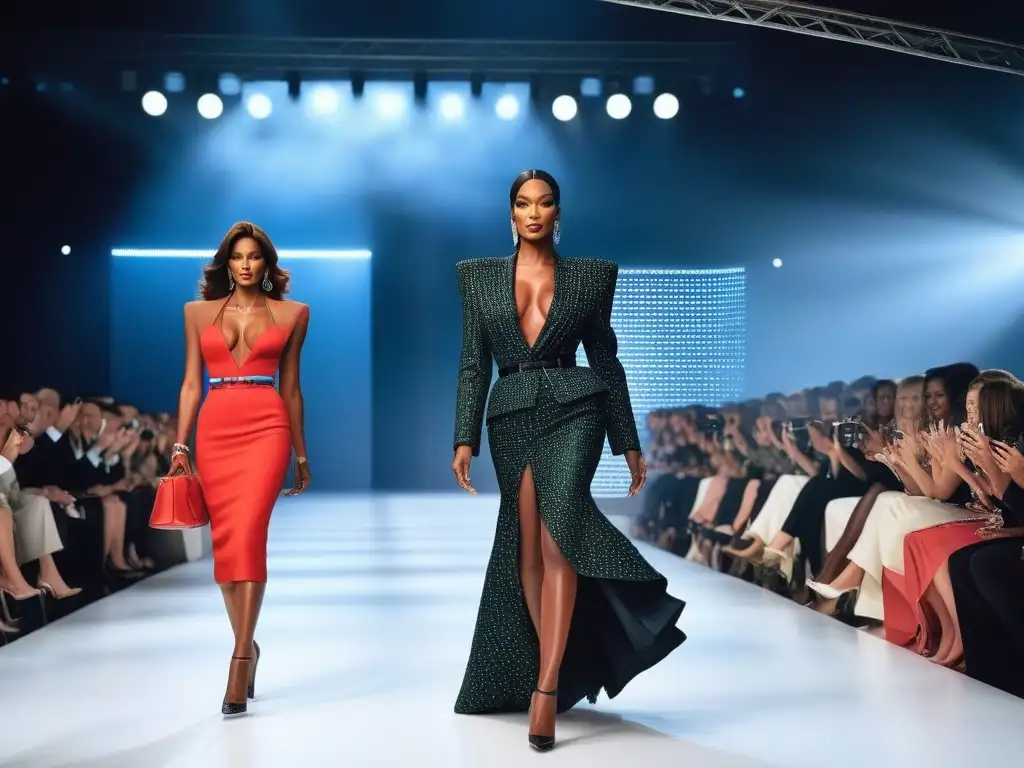 Supermodelos icónicas deslumbran en la pasarela de los 80 Supermodelos icónicas desfilando con elegancia en un evento global de moda en los 80