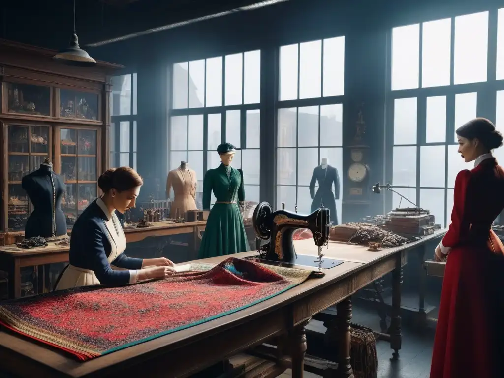Atelier de moda futurista: creación de telas sintéticas en los años 1900 Un taller de moda bullicioso en los años 1900, con diseñadores creando telas sintéticas innovadoras