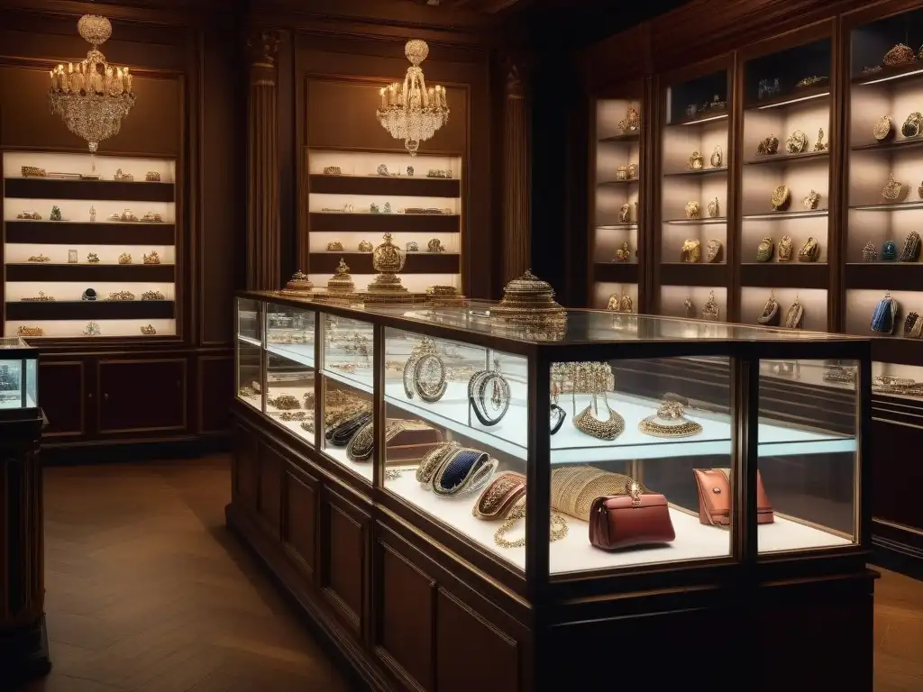Joyas vintage: tienda llena de encanto y elegancia Explora la tienda de joyas retro única en línea, con piezas vintage brillantes en elegantes vitrinas bajo cálida iluminación