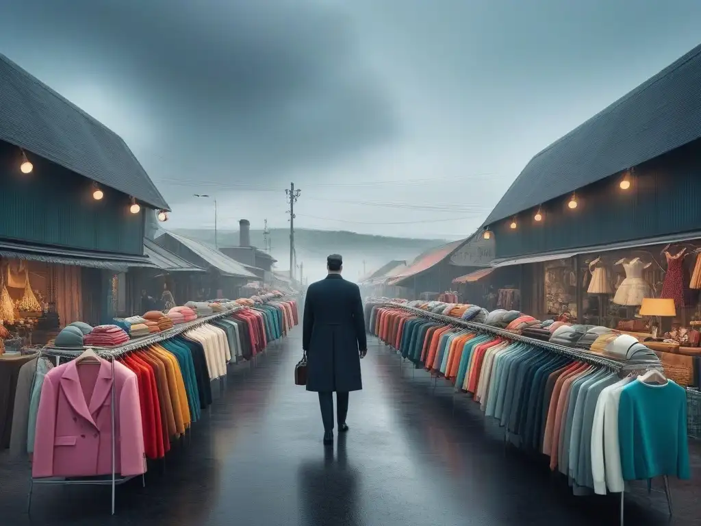 Tienda de moda retro vs Una tienda de moda retro bulliciosa con prendas y accesorios coloridos, contrastando con vertederos y cielos contaminados