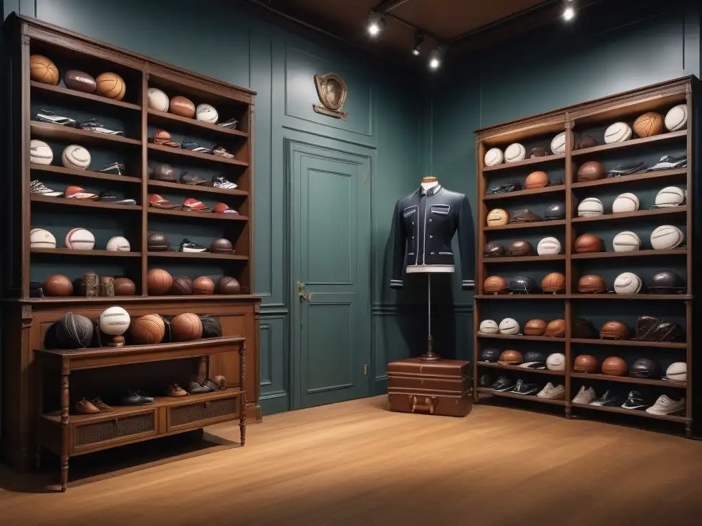 Tienda de moda deportiva de los años 30 y 40 con ropa vintage y accesorios clásicos, en un ambiente elegante y nostálgico