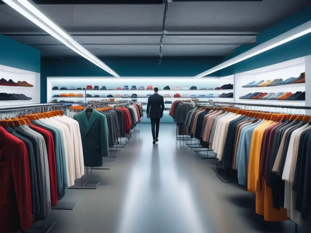 Tienda fast fashion: caos trendy y controversia Tienda de moda rápida con impacto en moda retro: maniquíes, clientes y personal crean ambiente caótico y trendy