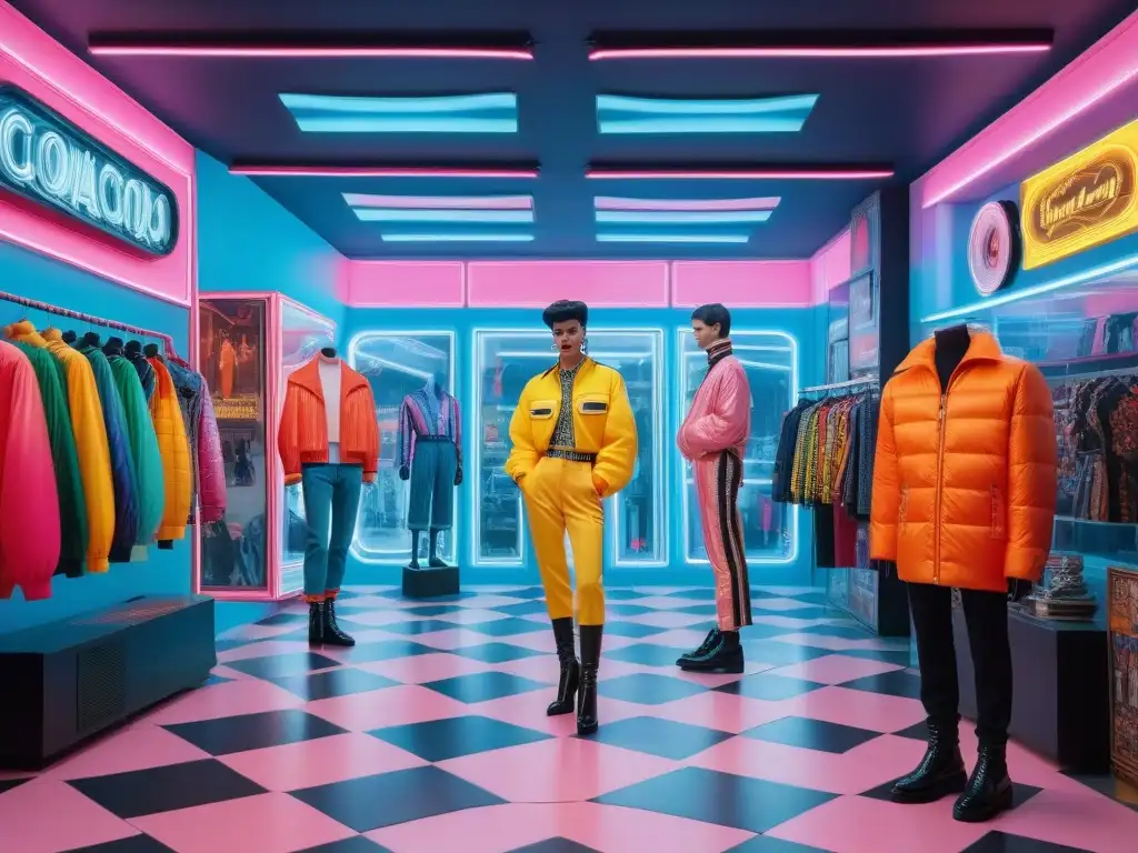 Una tienda de moda retro de los años 80 con tecnología vintage, luces neón y colores vibrantes