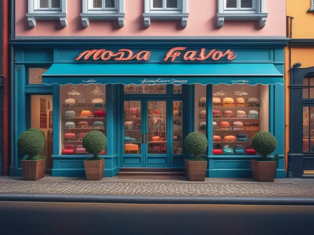 Moda Retro: Tienda de moda vintage en calle empedrada Una tienda de moda retro con encanto en una calle adoquinada llena de coloridas fachadas vintage