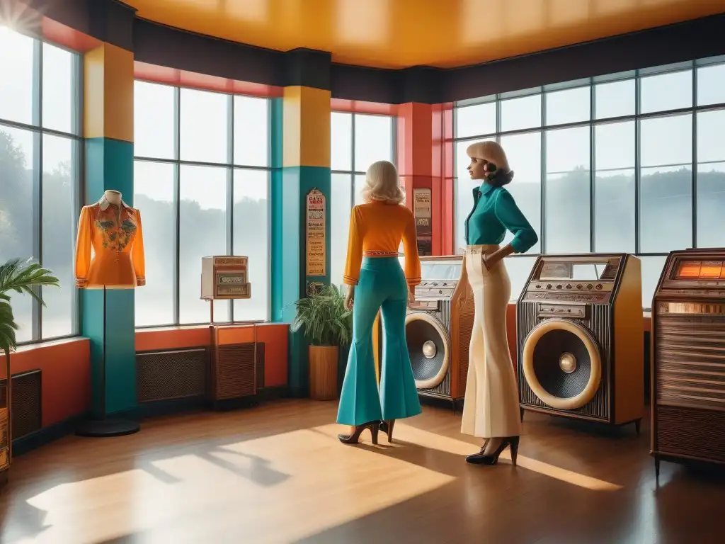 Tienda vintage: moda retro de los 60s y 70s Una tienda de moda retro vibrante y detallada con ropa de los 60s y 70s