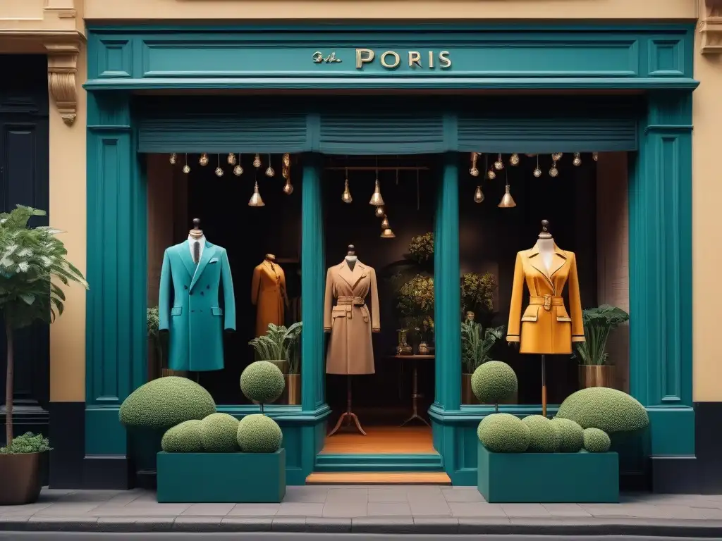 Tienda vintage de lujo: sostenible, elegante, nostálgica Una tienda online de moda retro de lujo, con diseño sostenible, vegetación y maniquíes vintage elegantes en escaparate