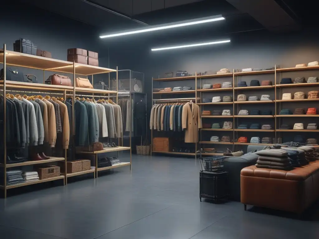 Tienda de moda retro: encanto y conciencia ambiental Una tienda retro de moda con impacto ambiental: detalles vintage, luz cálida y accesorios