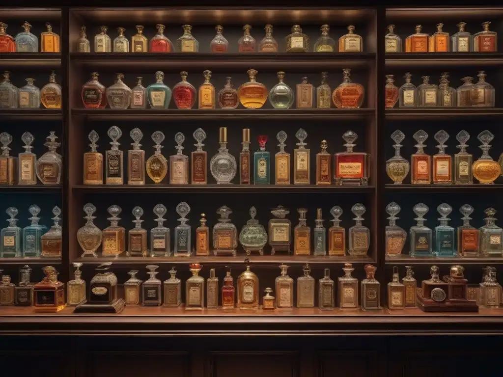 Tienda de perfumes vintage: fragancias históricas en botellas exquisitas Tienda de perfumes retro del siglo XX con elegantes frascos y muebles de madera