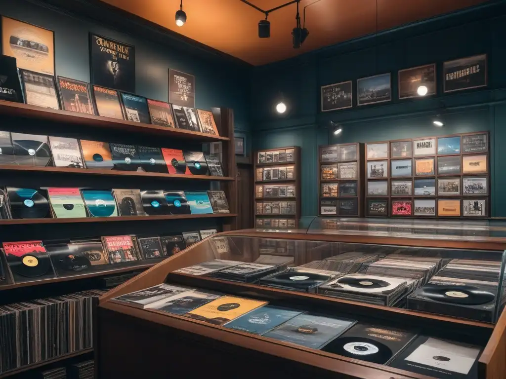 Tienda de vinilos retro con portadas icónicas del 2000 Una tienda de vinilos retro iluminada con portadas de álbumes icónicos de los años 2000