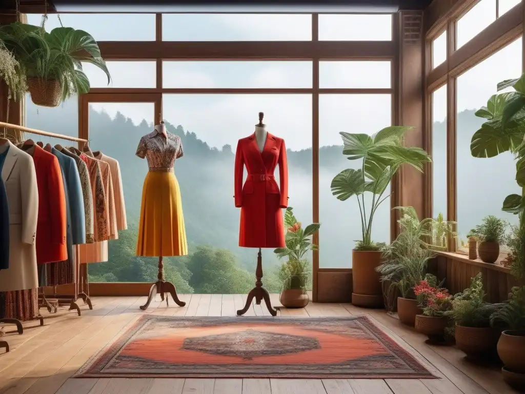 Tienda vintage con ropa retro colorida y soleada Una tienda vintage con ropa retro colorida organizada por era, iluminada por la luz del sol