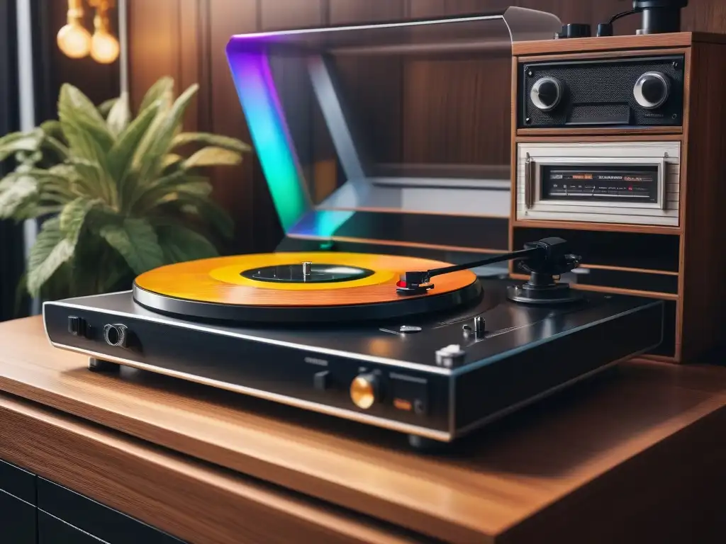 Reproductor de vinilos vintage con decoración psicodélica de los 70 Un tocadiscos vintage de los 70 con patrones psicodélicos, vinilos y una atmósfera nostálgica