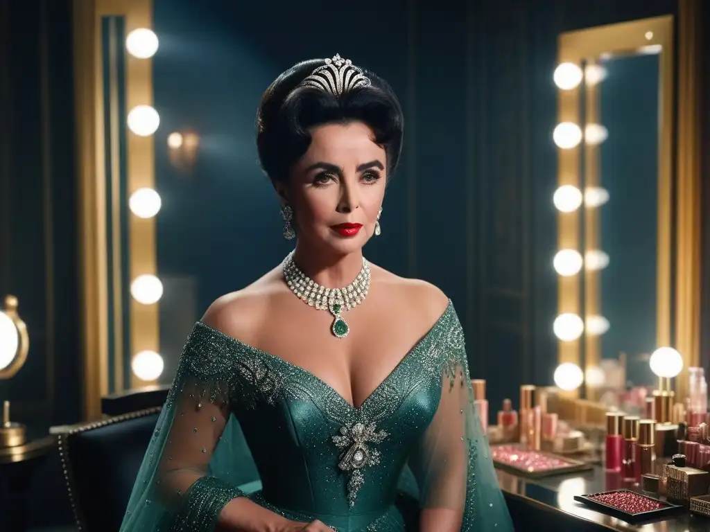 Elizabeth Taylor: Belleza atemporal en su tocador glamuroso Elizabeth Taylor en su tocador, rodeada de joyas y maquillaje de lujo, refleja elegancia y glamour