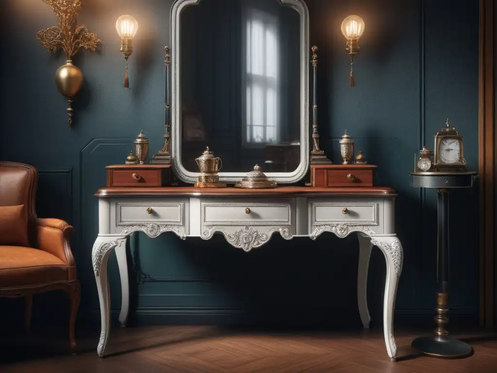 Esplendor retro: tocador vintage de los años 1910 con accesorios elegantes Un tocador vintage de los años 1910 con accesorios retro, reflejando la elegancia de la época