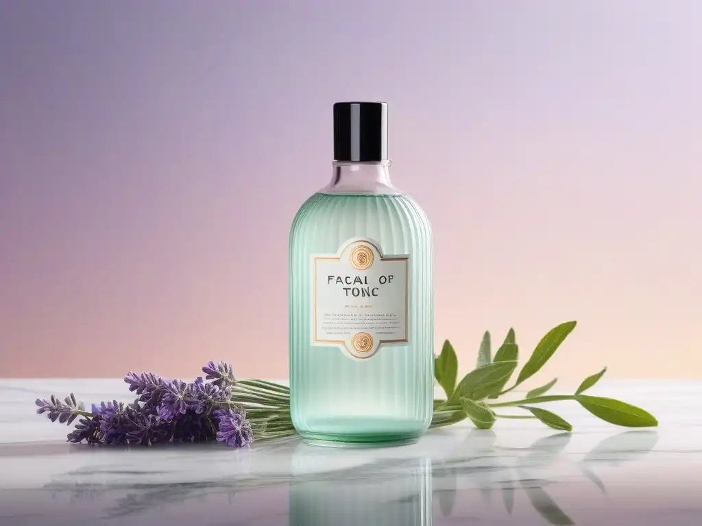 Un tónico facial de los años 60 en una botella retro sobre mármol, rodeado de ingredientes botánicos, creando una atmósfera de spa