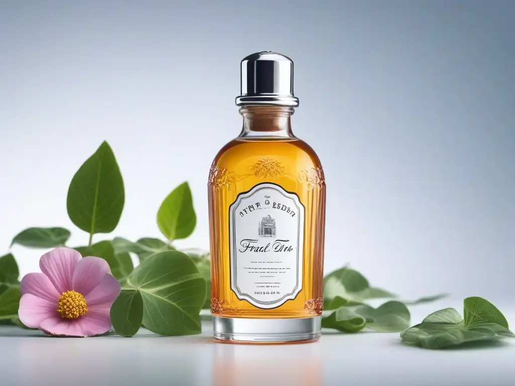 Un tónico facial inspirado en los años 60, rodeado de flores retro, irradiando frescura y elegancia