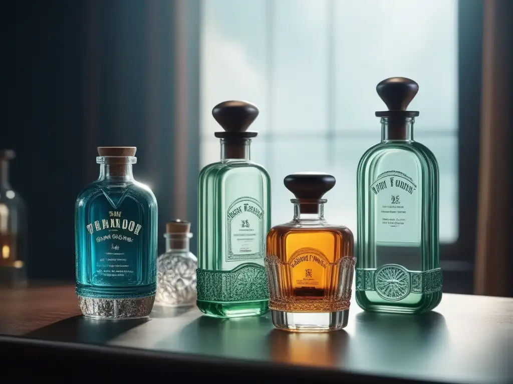 Evolución de tónicos faciales en la moda retro, mesa de tocador vintage con variedad de tónicos en botellas de vidrio