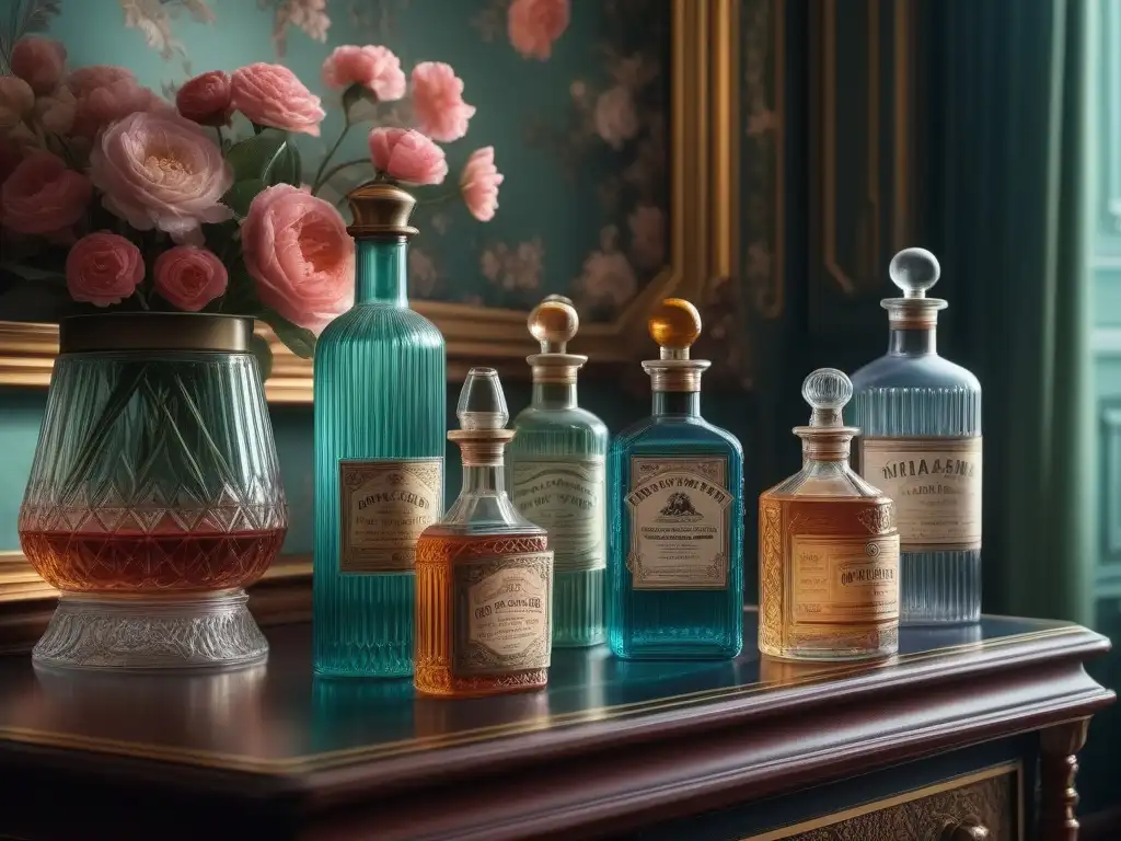 Evolución de tónicos faciales en la moda retro con botellas de vidrio antiguo y tocador vintage