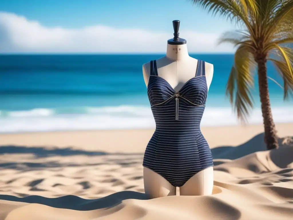 Traje de baño vintage 1940s con detalles únicos Traje de baño retro innovador en maniquí en la playa con palmeras