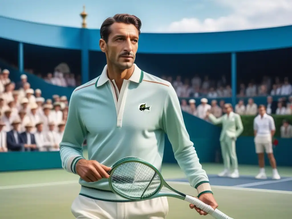 René Lacoste: Leyenda del tenis y moda retro en detalle René Lacoste en traje de tenis vintage de los años 20, con raqueta, en una cancha verde, rodeado de espectadores