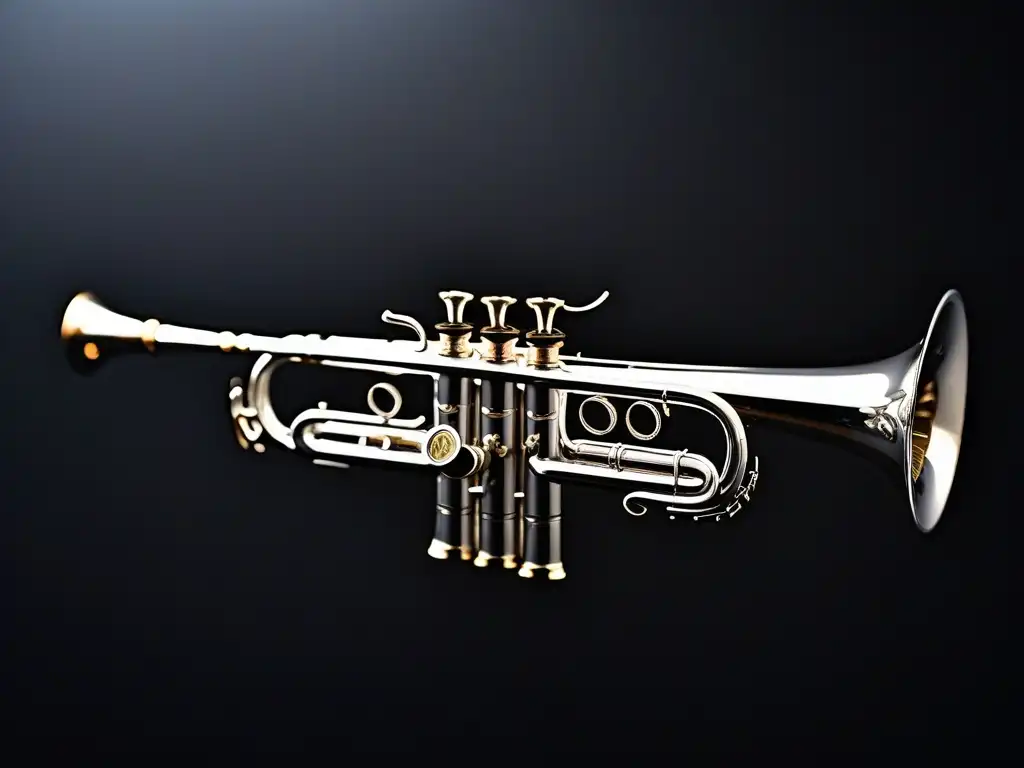 Un trompeta plateada con boquilla larga accesorio retro, detallada y elegante sobre fondo negro aterciopelado
