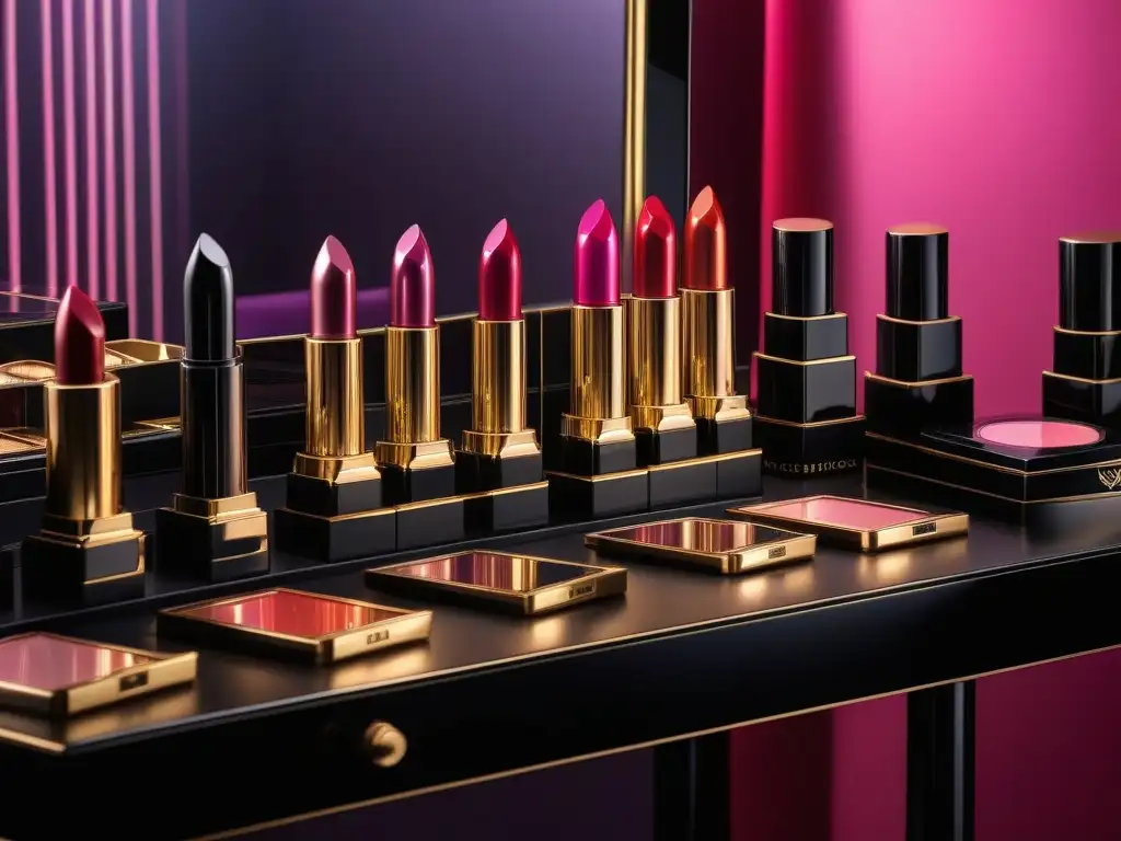 Vanity de maquillaje 1980s con labiales icónicos en tonos vibrantes Una vanidad de maquillaje de los años 80 con los labiales más emblemáticos del siglo XX en tonos rojos, rosas y morados, en envases dorados y negros